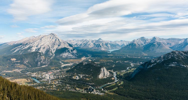 A view of Banff from the Banff Gondola, showing mountains, lakes and deep valleys.