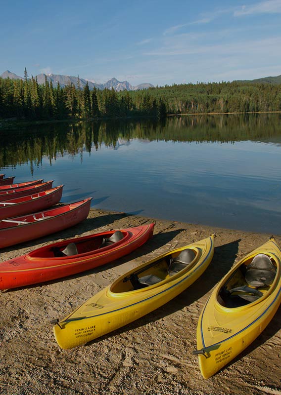 Kayaks and canoes lined up along the beach of a lake surrounded by trees and mountains